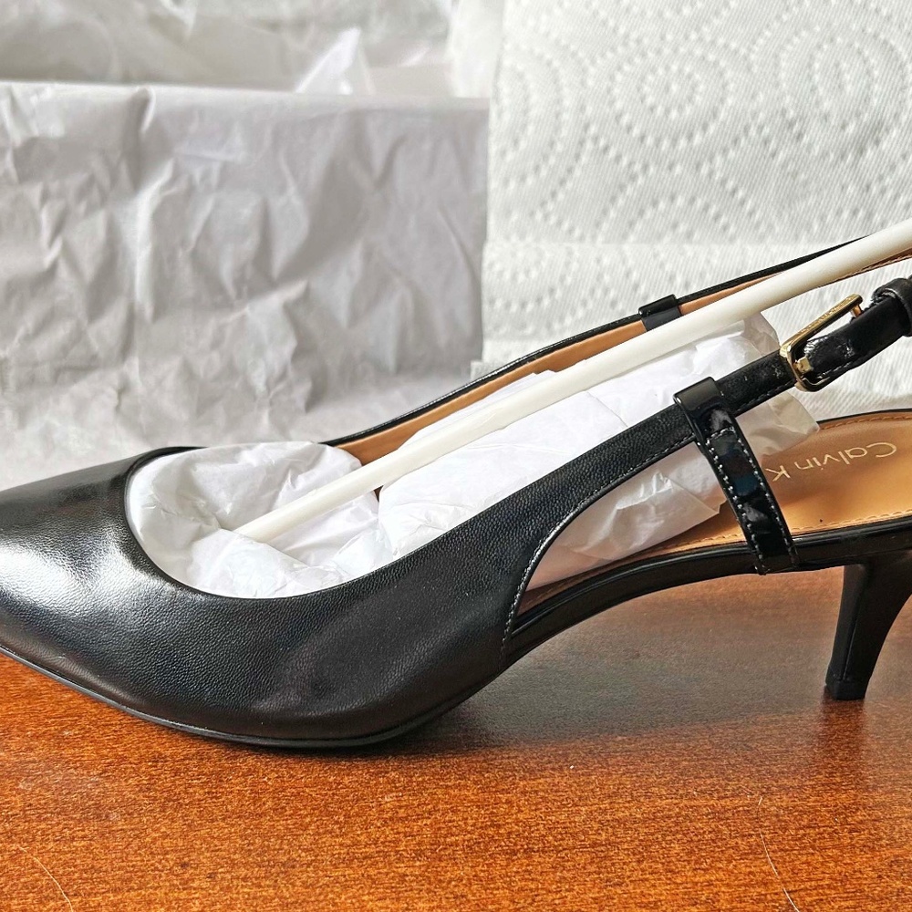 PUMPS, CALVIN KLEIN, KIDSKIN, BLACK, SIZE 9M, OPEN HEEL WITH LITTLE BUCKLES AND